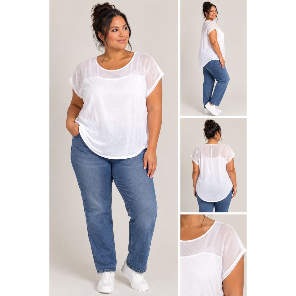 Espresso White Sheer Panel Short Sleeve Top 2X